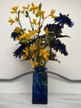 Vintage Blue Glass Vase with Yellow & Navy Artificial Flowers -